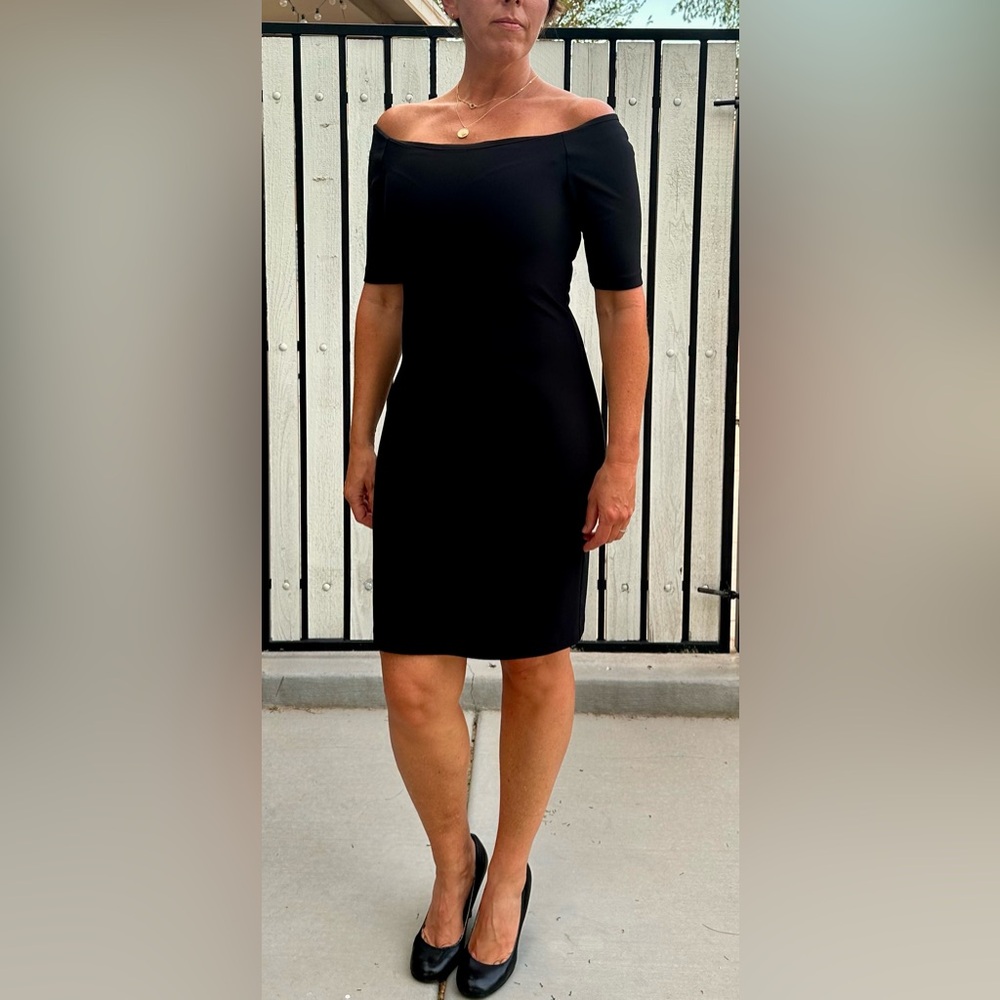 Amanda U by Amanda Uprichard Off-Shoulder Short Sleeve Minimalist Black Dress